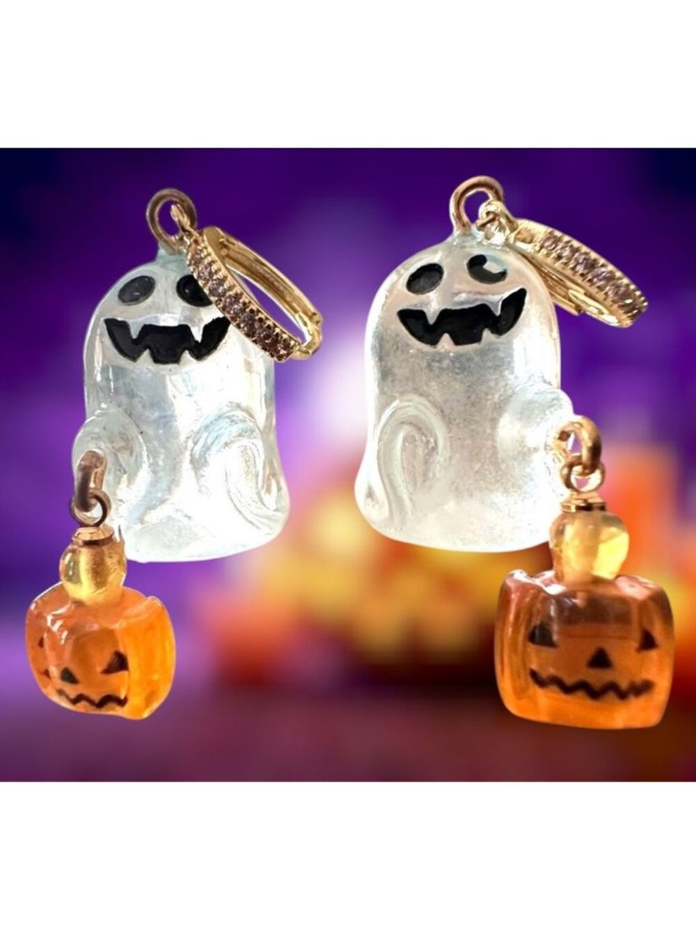 Halloween Ghost Earrings Jack O Lantern Dangle Hoop Closure Rhinestones New